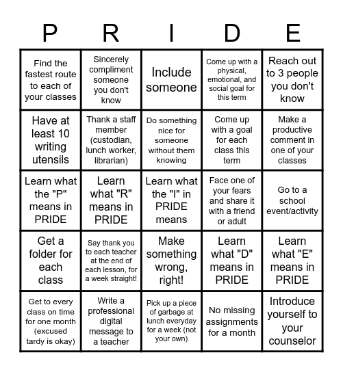 Willowcreek PRIDE Bingo Term 1 Bingo Card