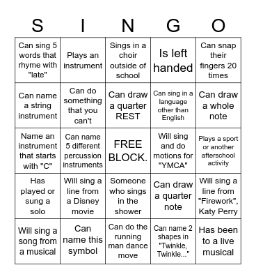 SINGO Bingo Card