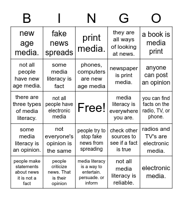 Media Literacy Bingo Card