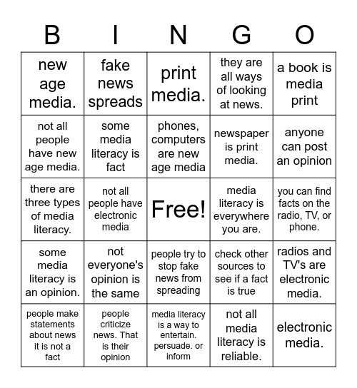 Media Literacy Bingo Card