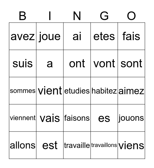 Irregular Verbs Bingo Card