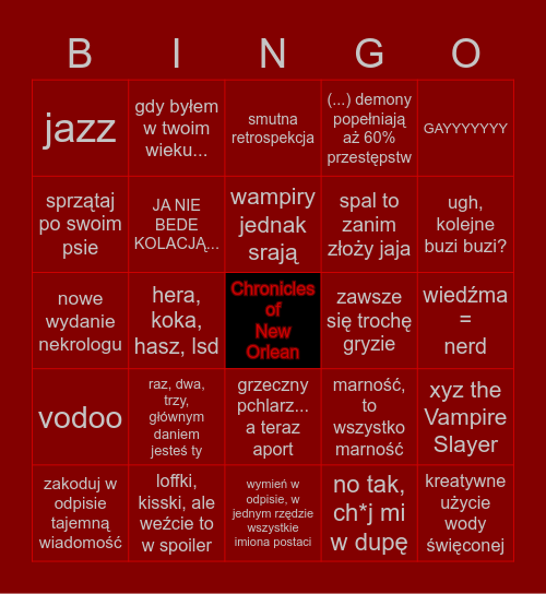 Chronicles of New Orlean Bingo Card