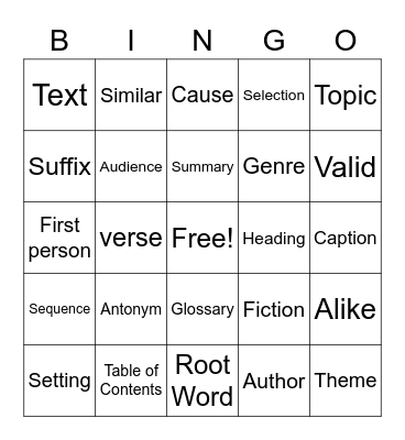 Vocabulary Bingo Card