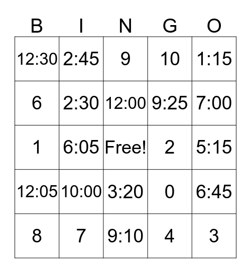 Subtraction and Time Bingo Card