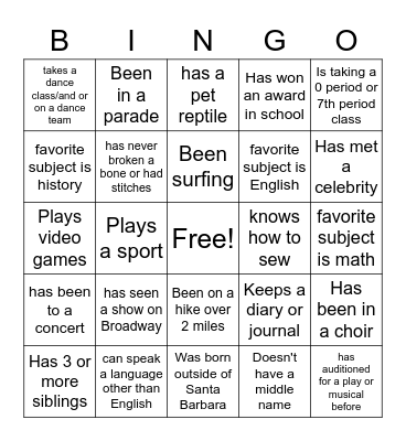 Back to School Bingo Card