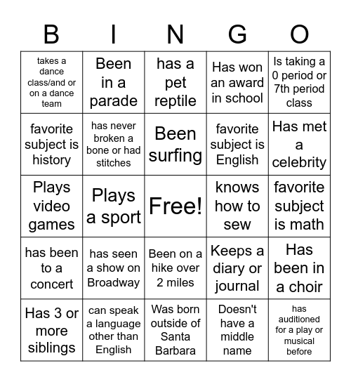 Back to School Bingo Card