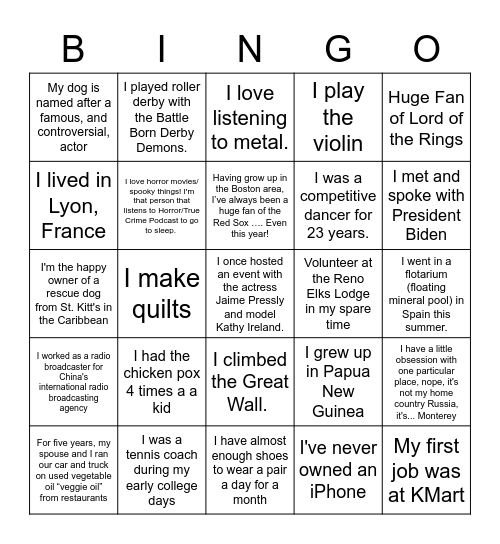 Fun Facts Bingo Card