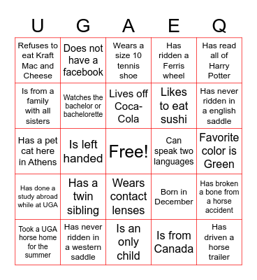 Georgia Equestrian Team Bingo Card