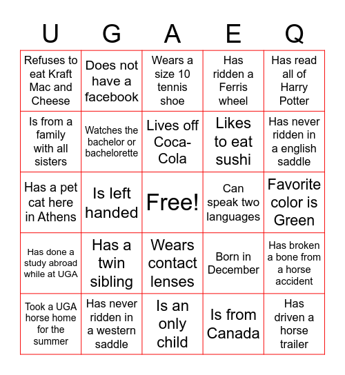 Georgia Equestrian Team Bingo Card