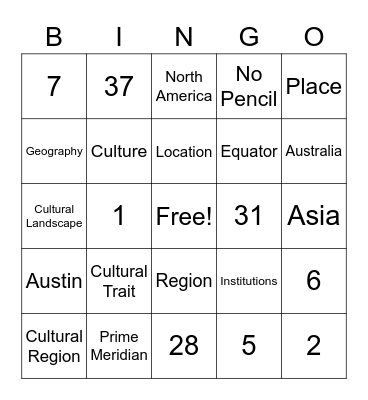Unit 1 Bingo Card