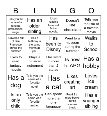 Middle School BINGO: Find someone who... Bingo Card