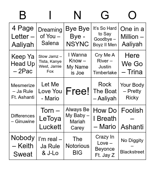 Hits of the Late 90s - Early 2000s Bingo Card