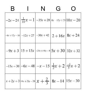 Algebra 1: Distributive Property Bingo Card