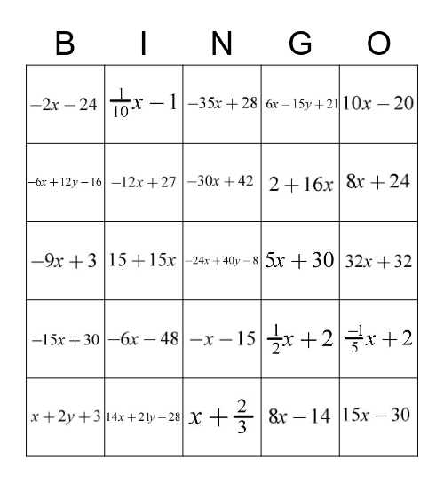 Algebra 1: Distributive Property Bingo Card