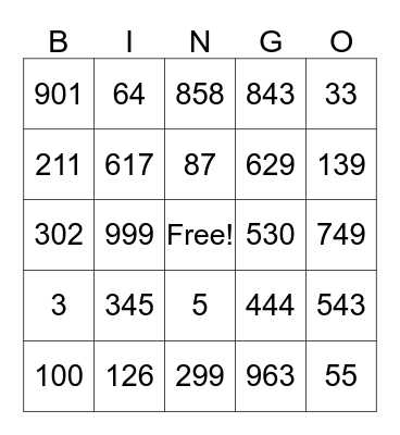 Place Value Bingo Card