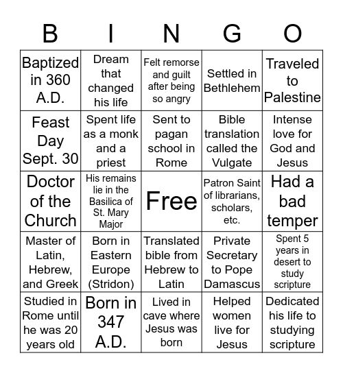 St. Jerome Bingo Card