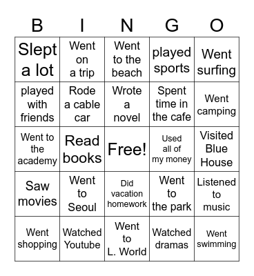 What did I do during summer vacation? Bingo Card