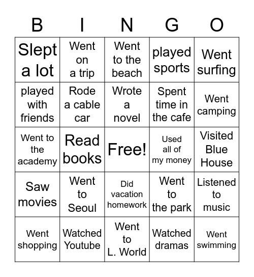 What did I do during summer vacation? Bingo Card