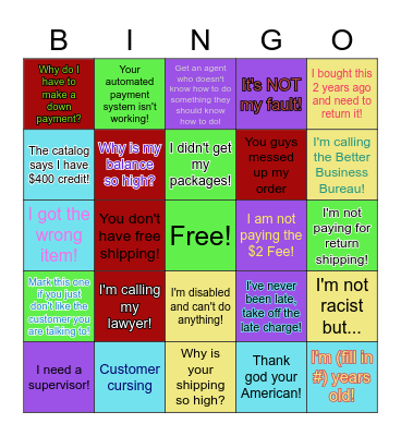 Bad Customer Bingo Card
