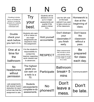 Procedures and Expectations Bingo Card