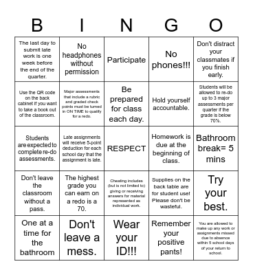 Expectations and Procedures Bingo Card