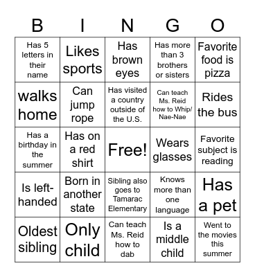 Classmate Bingo! Bingo Card