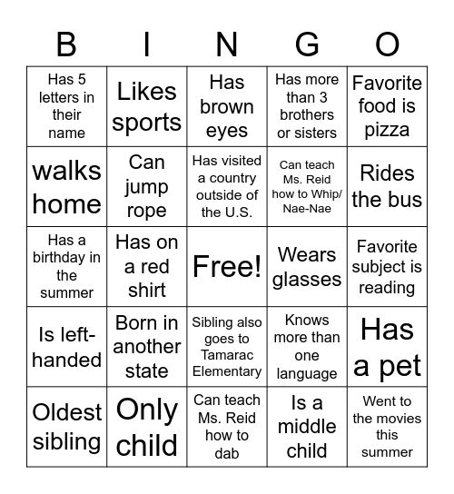 Classmate Bingo! Bingo Card