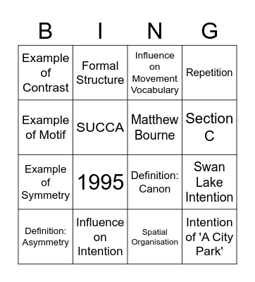 Swan Lake Revision Bingo Card