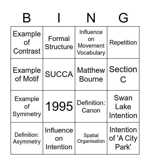 Swan Lake Revision Bingo Card