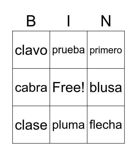 Sílabas trabadas Bingo Card