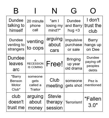 Unhinged Dundee Bingo Card
