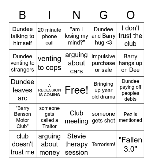 Unhinged Dundee Bingo Card