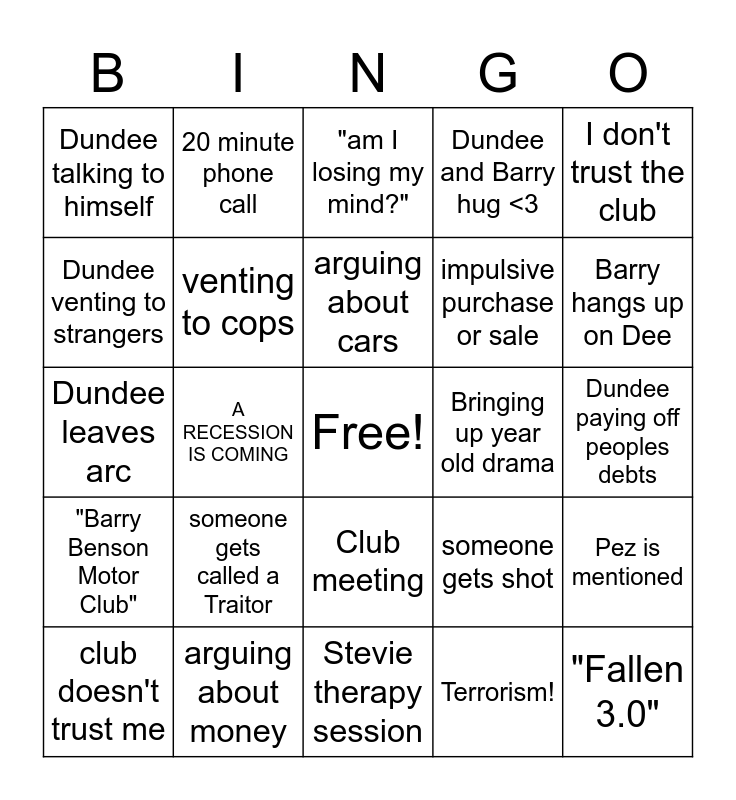 Unhinged Dundee Bingo Card