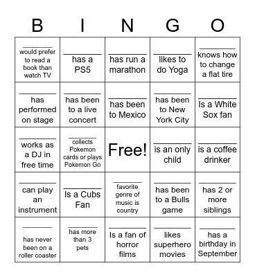 Get To Know You BINGO Card