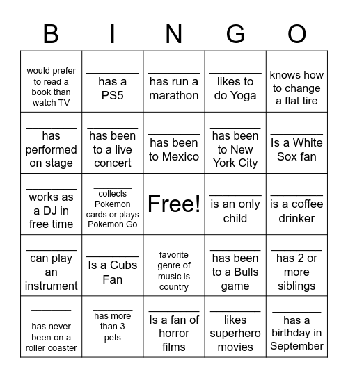 Get To Know You BINGO Card