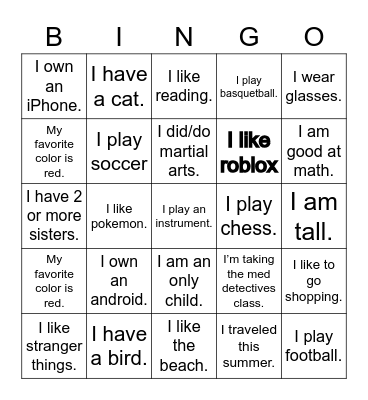 Getting to know our class Bingo Card