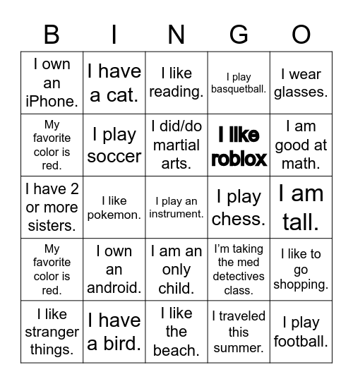 Getting to know our class Bingo Card