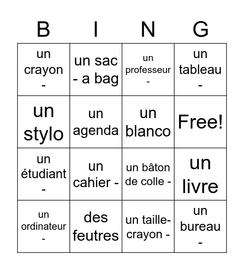 La Salle de Classe Bingo Card