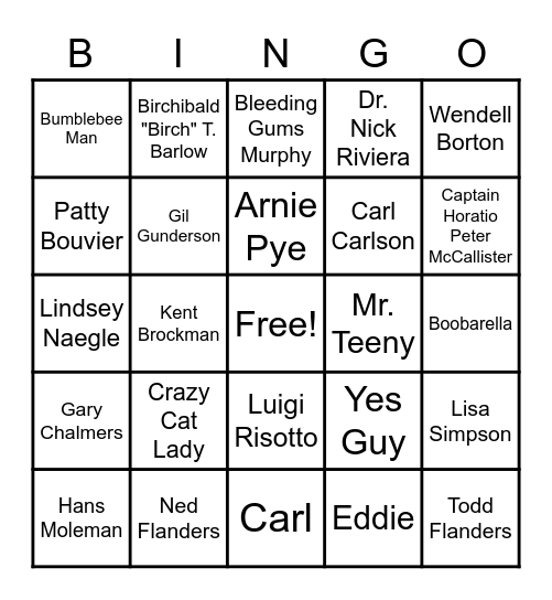 35 - SIMPSONS CHARACTERS Bingo Card