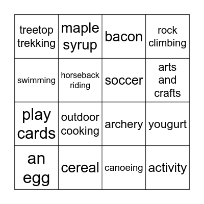 Ruoat ja aktiviteetit Bingo Card