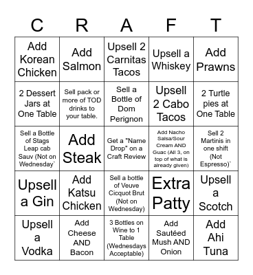 Add Ons & Up Sells Bingo Card