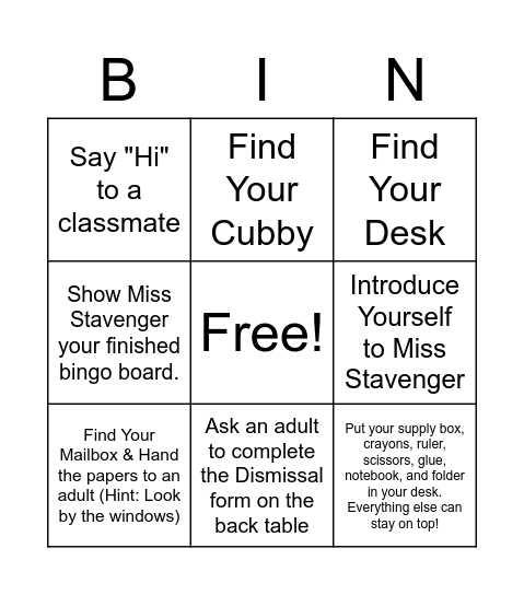 Welcome Back Bingo! Bingo Card