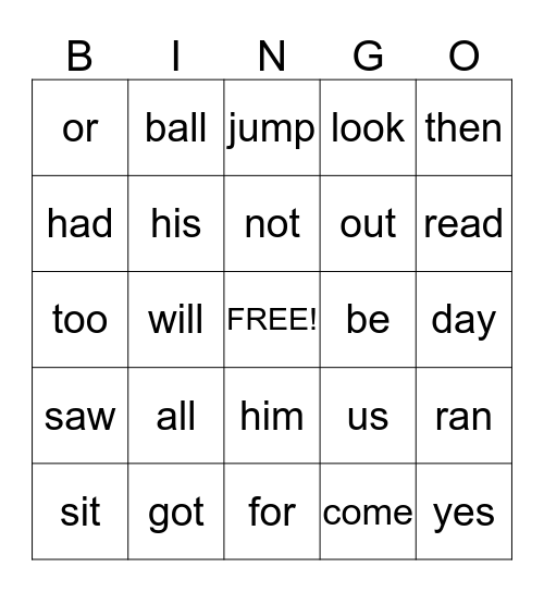 High Frequency Word Bingo Card