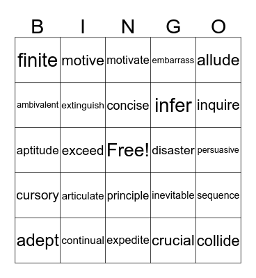 Vocabulary Bingo 2 Bingo Card