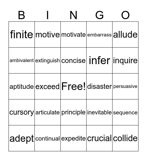 Vocabulary Bingo 2 Bingo Card