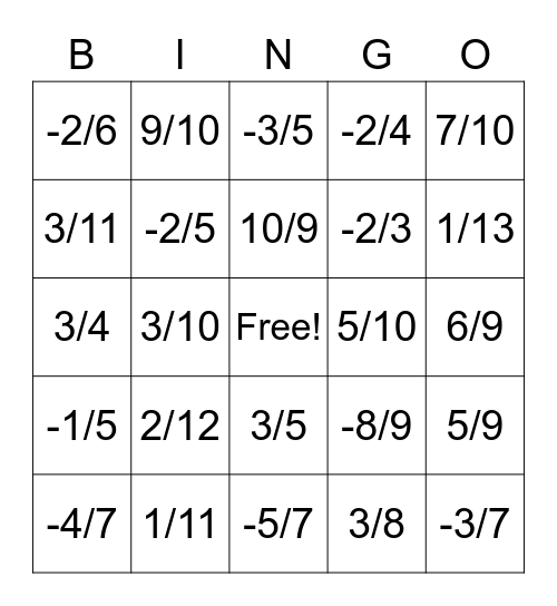 Fraction Bingo Card