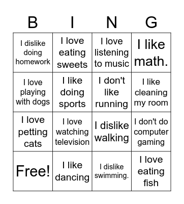Likes and dislikes Bingo Card