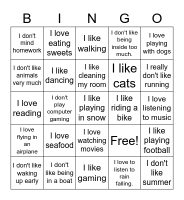 Likes and dislikes Bingo Card