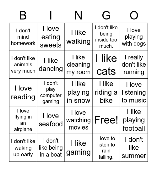 Likes and dislikes Bingo Card