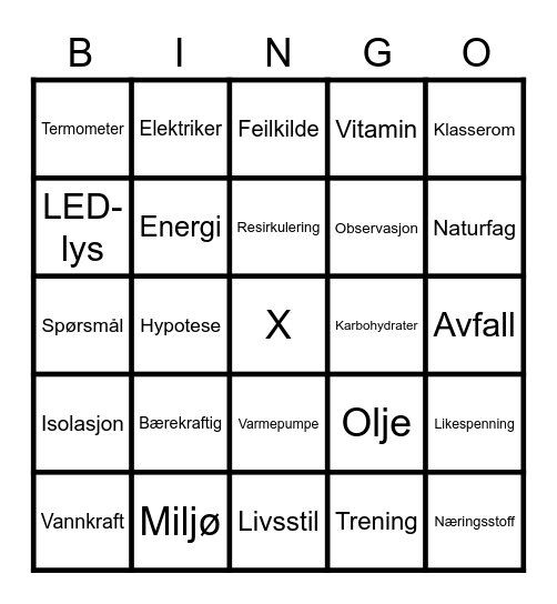 Naturfag-Bingo Card